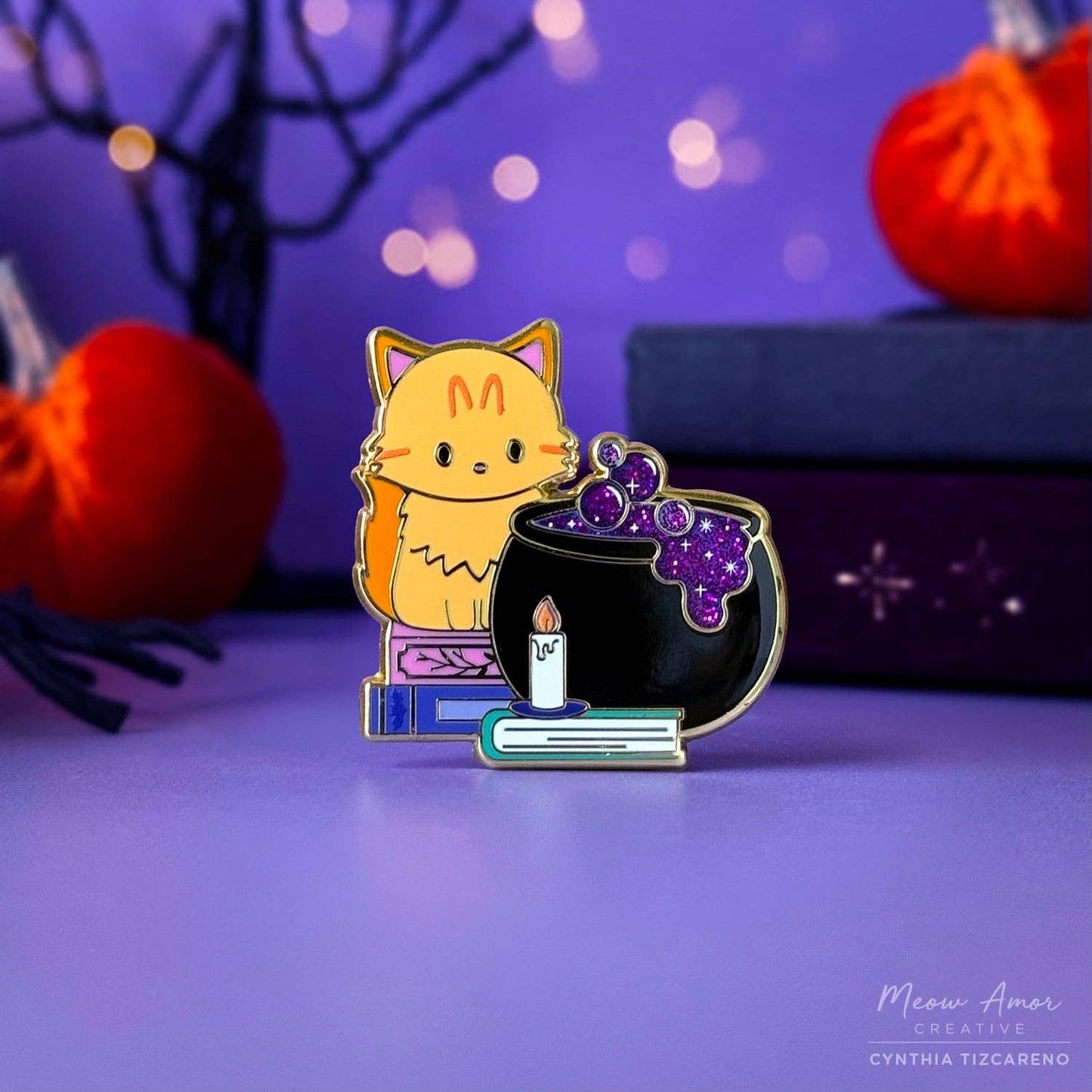Orange Tabby Cat Cauldron Glitter Enamel Pin