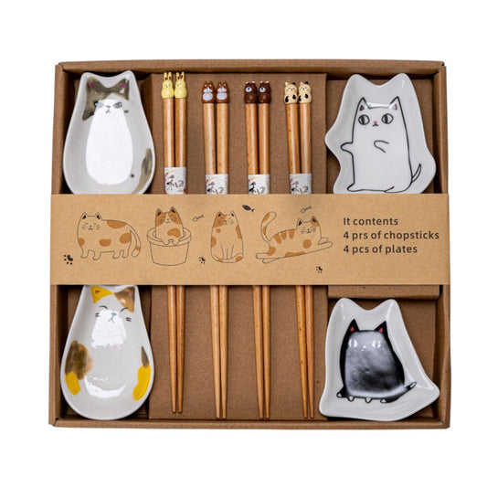 4 Pair Cute Cats Wooden Chopsticks and Sauce Dish Gift Set