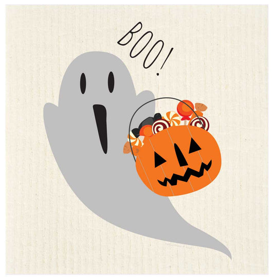 Boo Ghost with Pumpkin Halloween Swedish Dishcloth