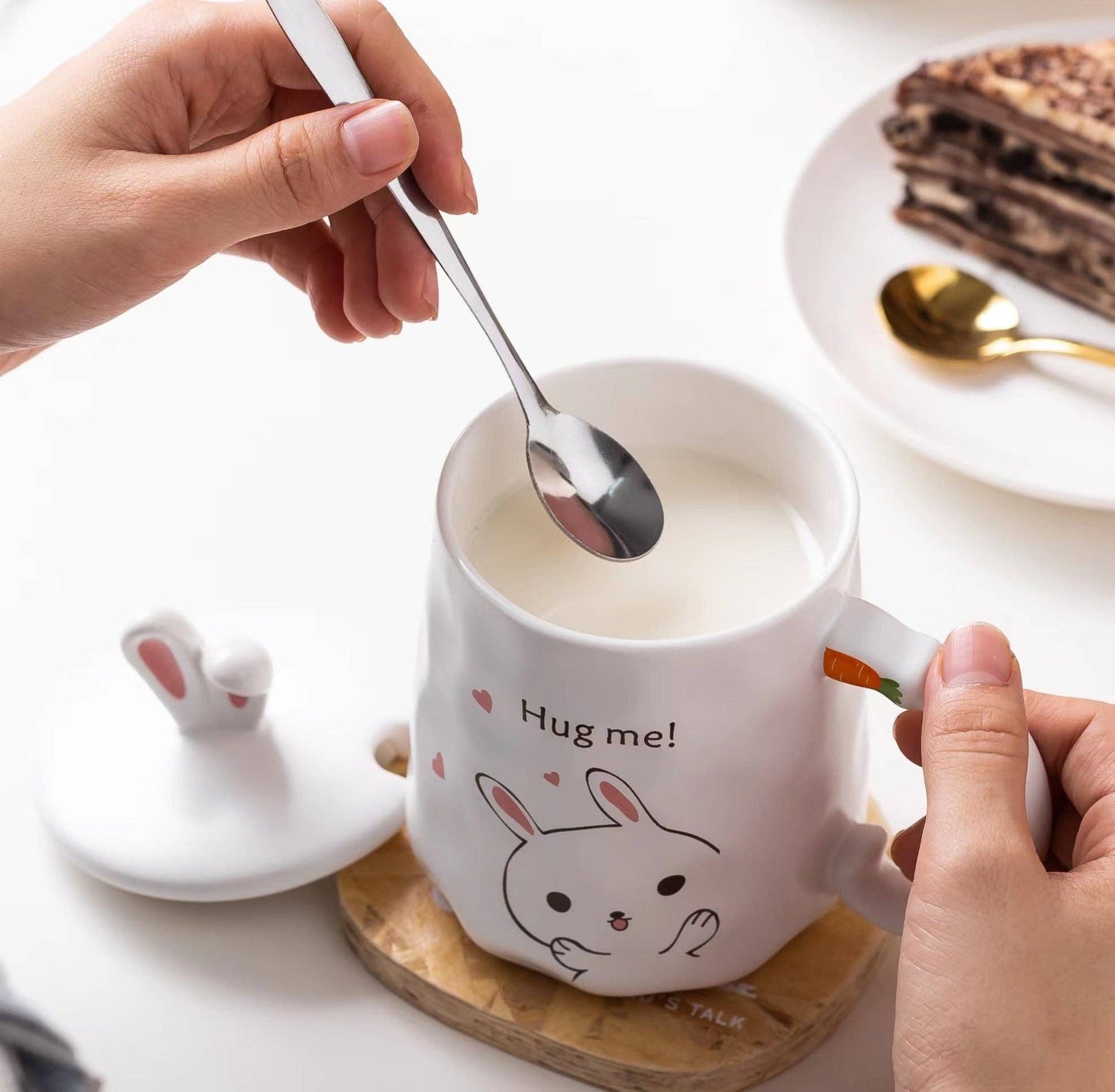 Bunny Hug White 14oz Mug With Lid and Spoon