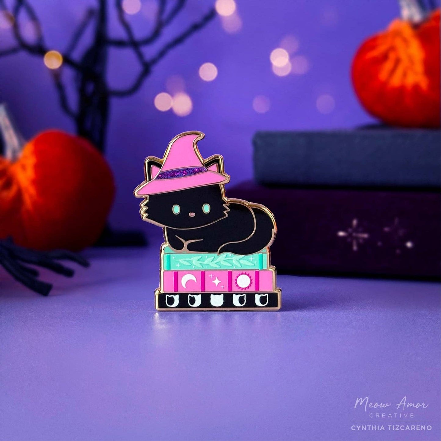 Witchy Book Cat Glitter Enamel Pin