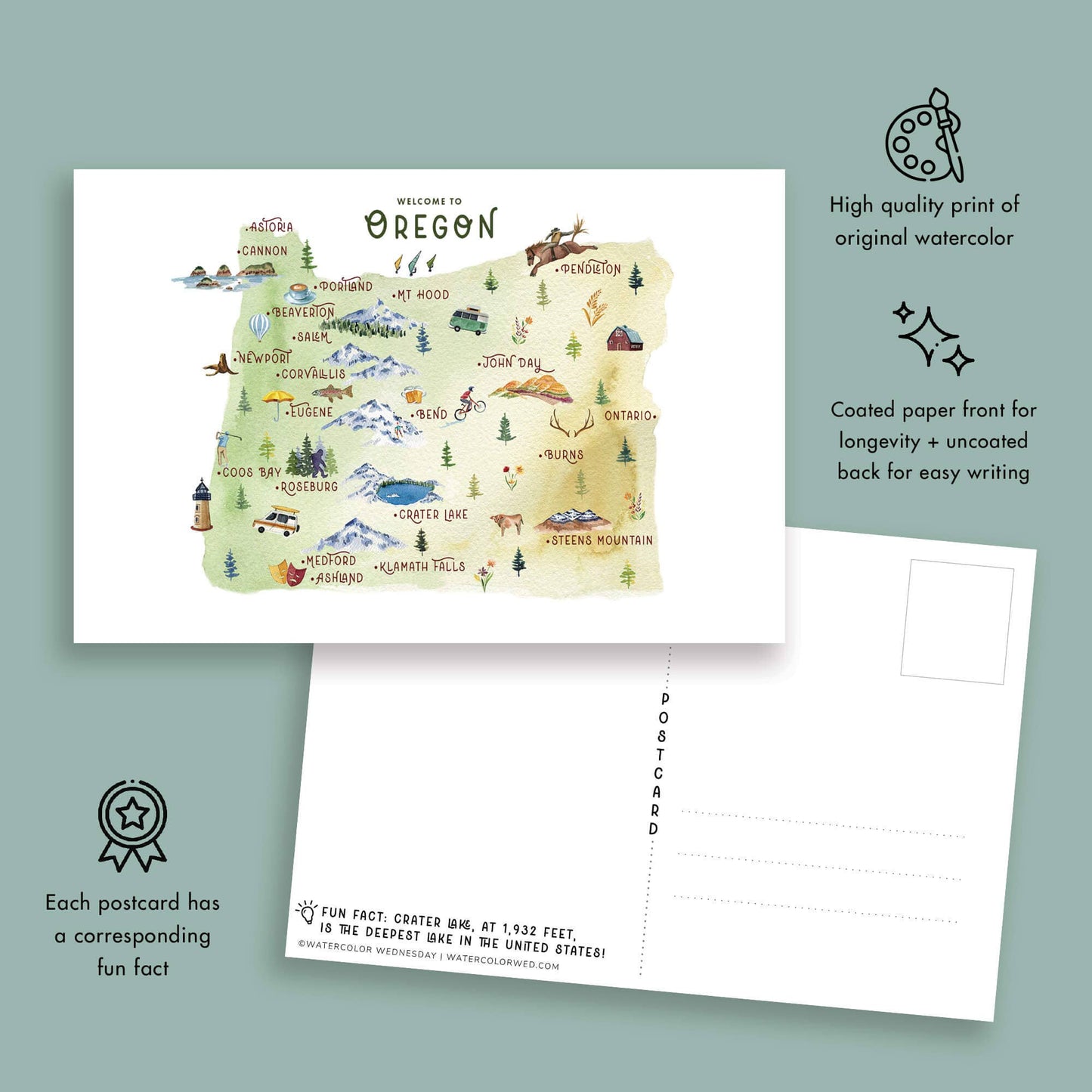 Oregon Watercolor Illustrated Map Postcard