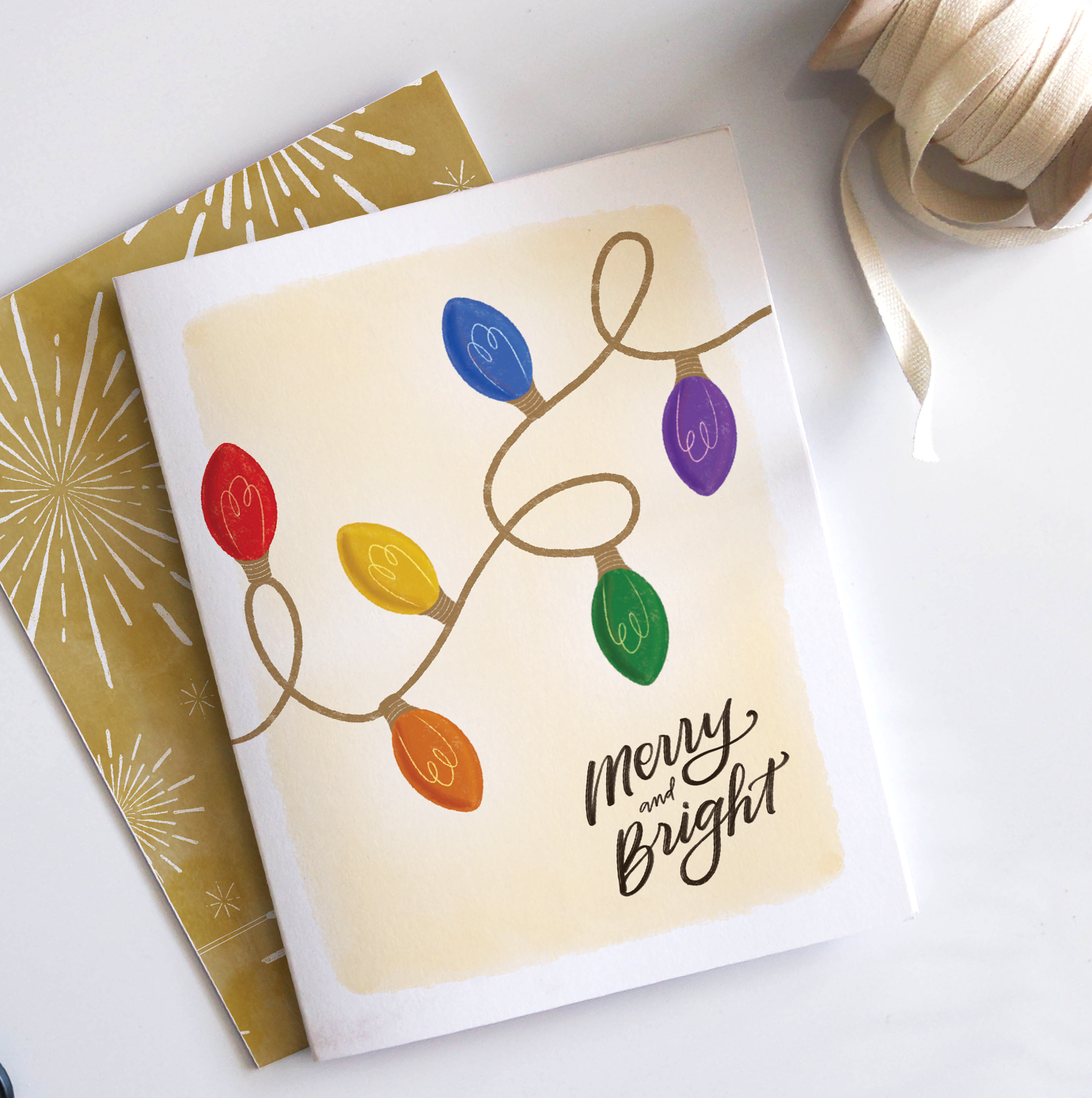 Merry + Bright | Holiday Rainbow Christmas Lights Card