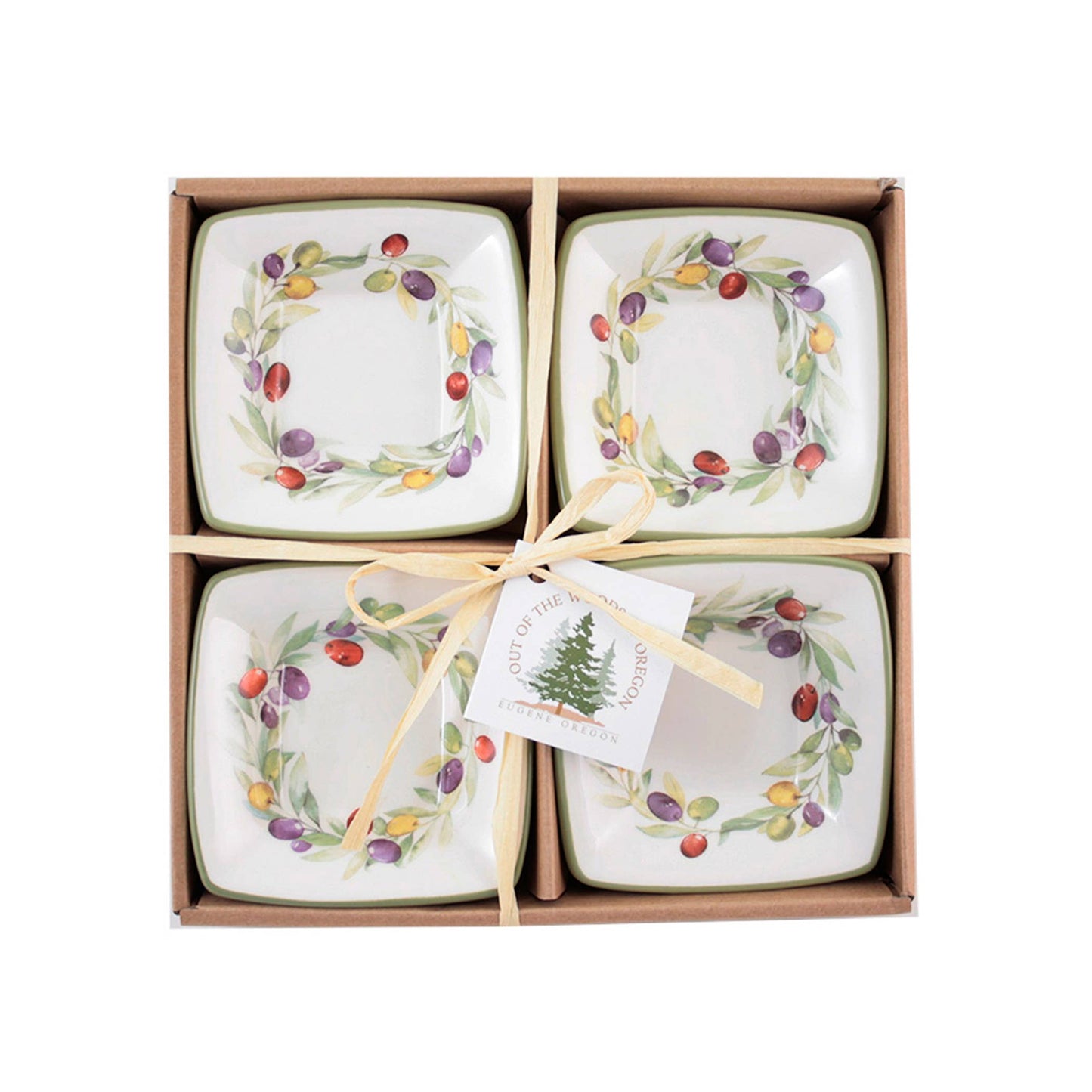 Set of 4 Small Square Bowls - Olive Wreath