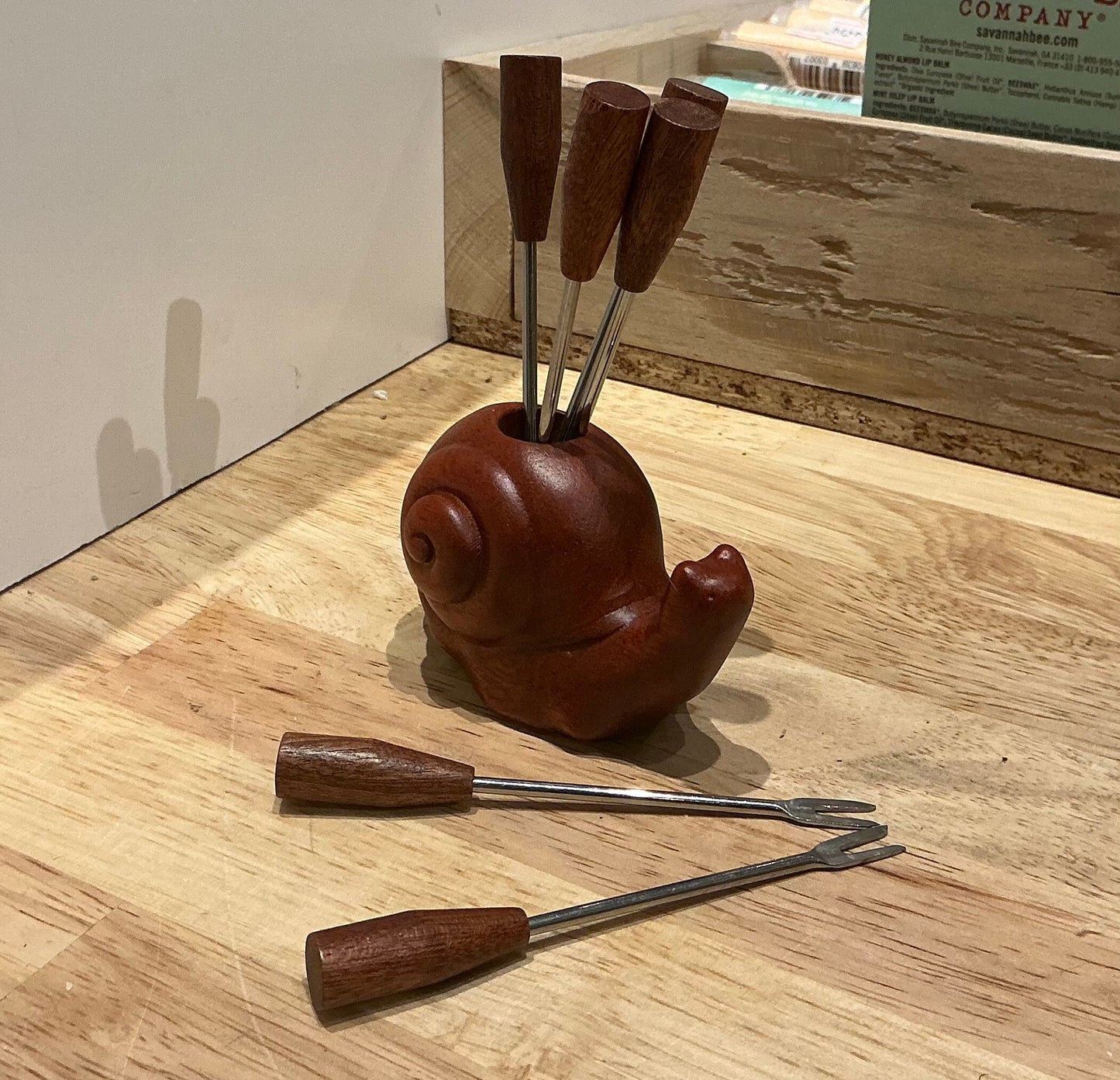 Carved Wooden Snail Appetizer Fork Holder