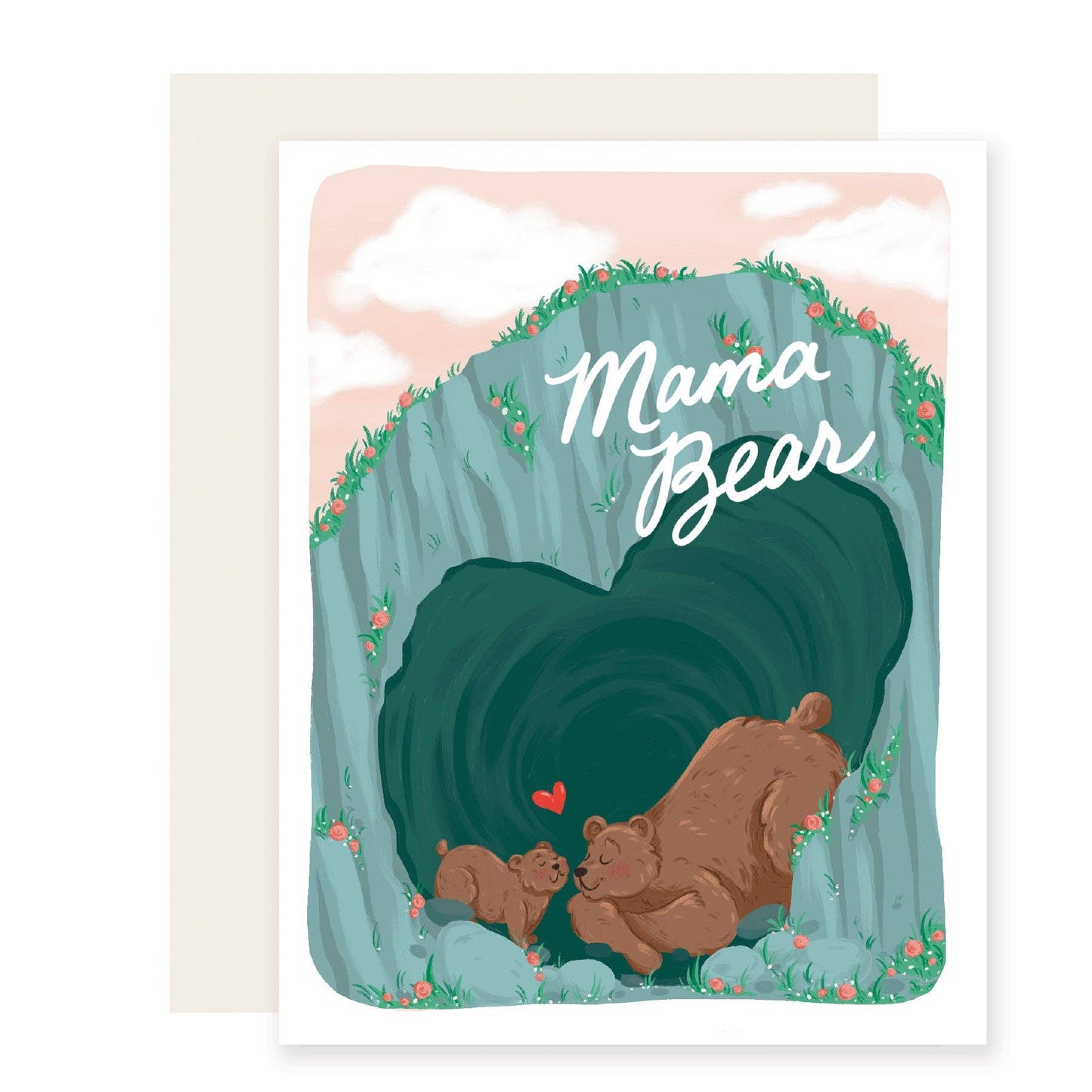 Greeting card design with a mama and baby bear, resting in a heart-shaped cave, below the text âMama Bearâ.