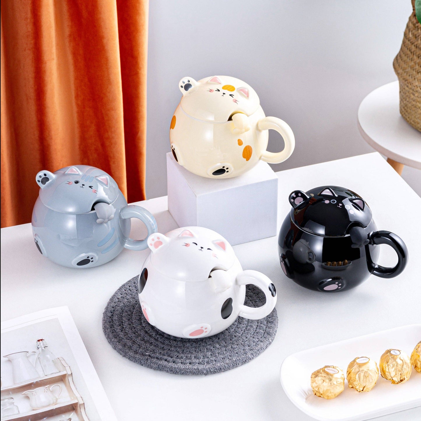 Whimsy Cat 15oz Mug With Lid and Spoon White
