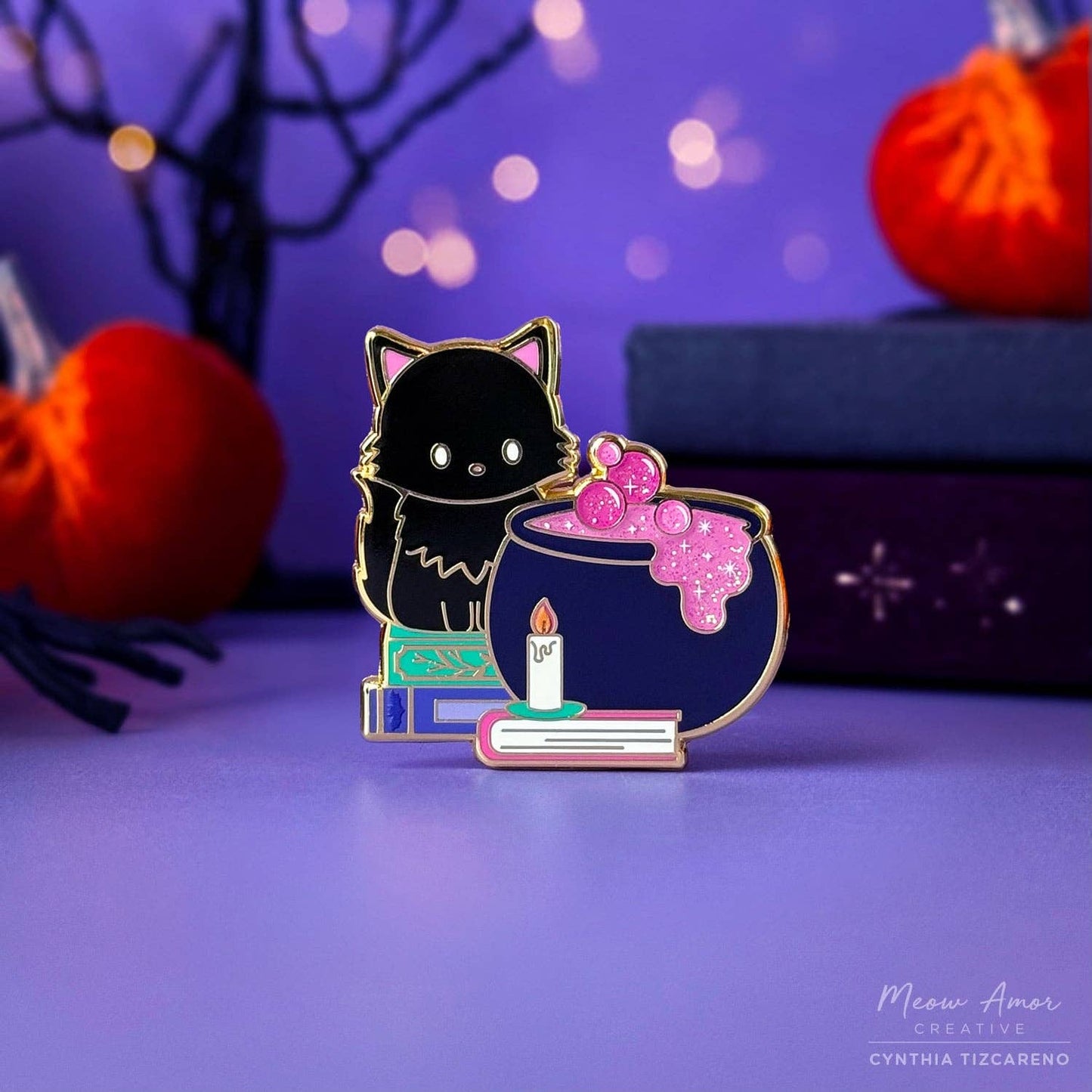 Black Cat Cauldron Glitter Enamel Pin