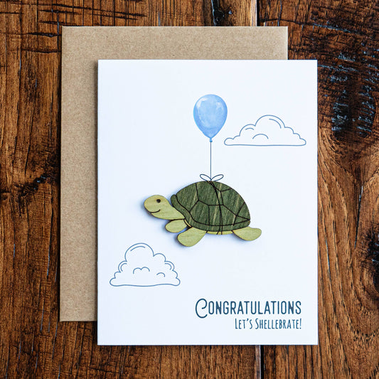 Congratulations Card Let's Shellebrate Turtle card with wood