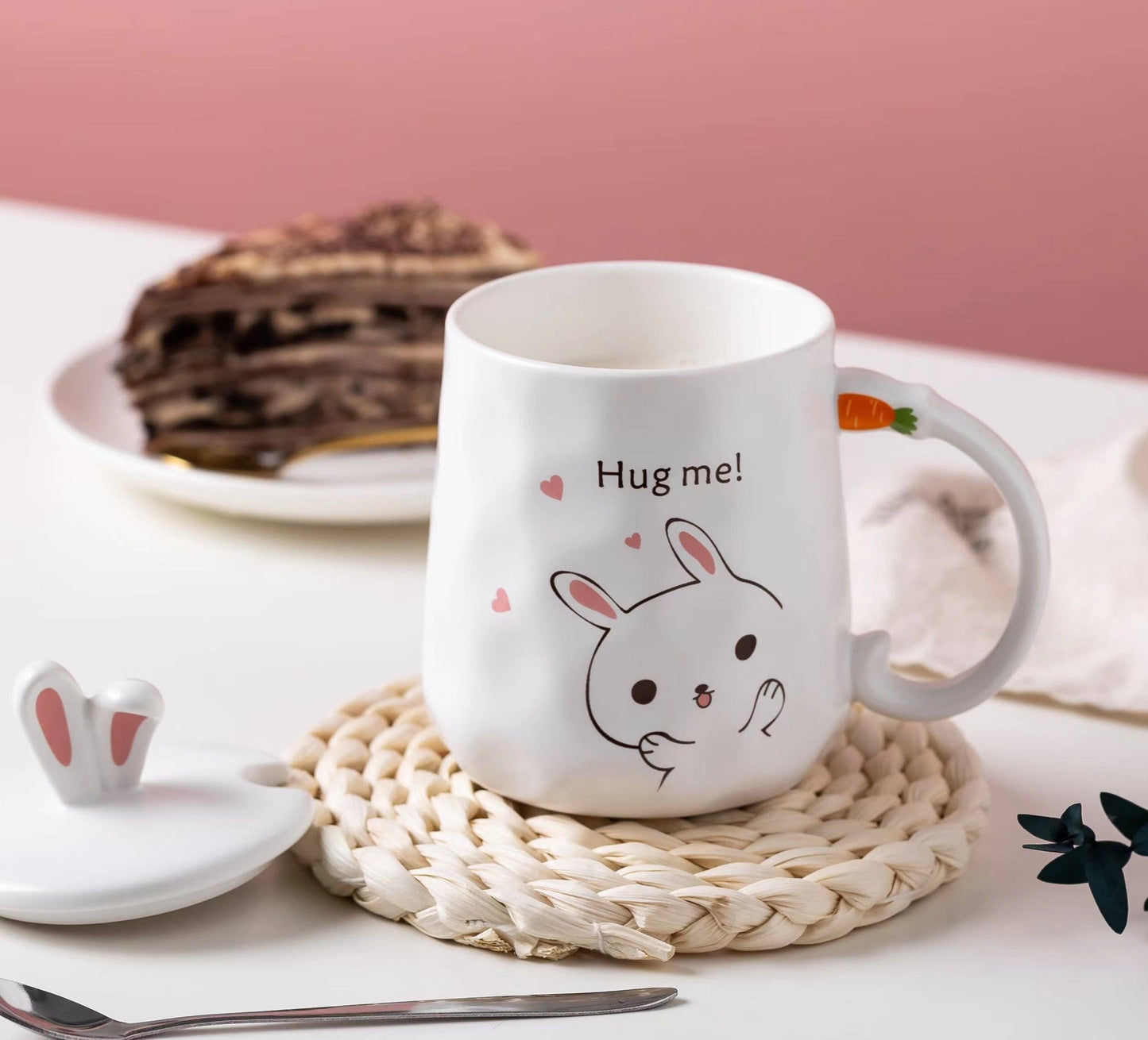 Bunny Hug White 14oz Mug With Lid and Spoon
