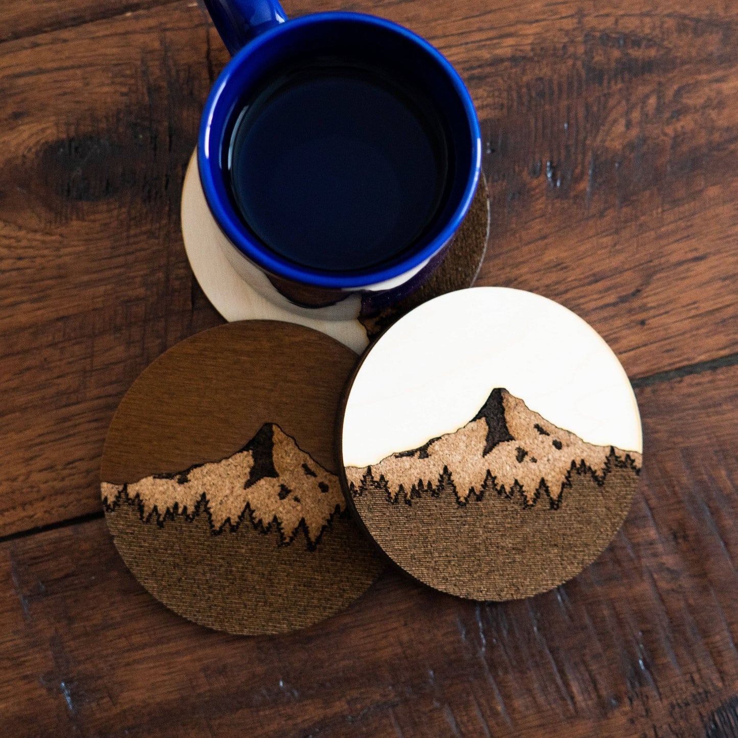 Mt Hood Light Wood and Cork Coasters