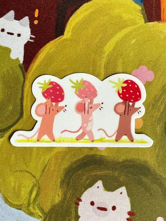 Strawberry Foragers Mice Matte Weatherproof Sticker