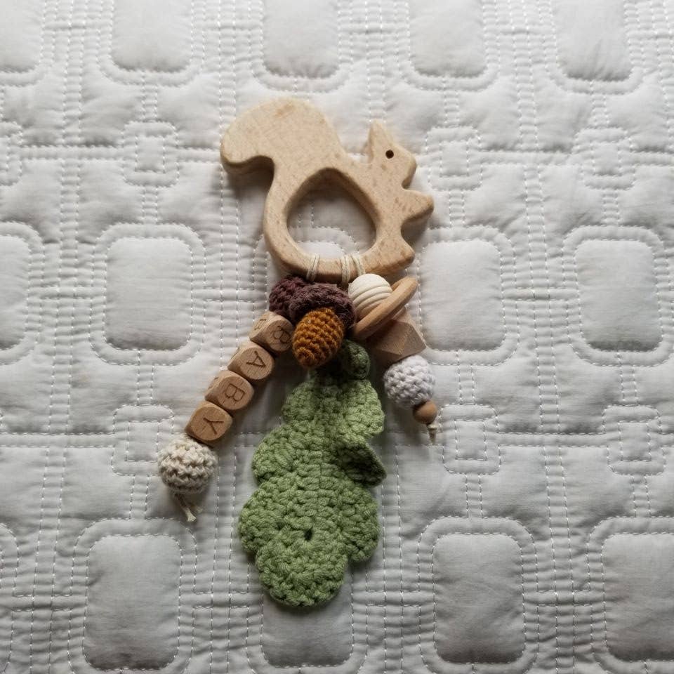 Hand Crochet Pinecone & Wood Squirrel Teether