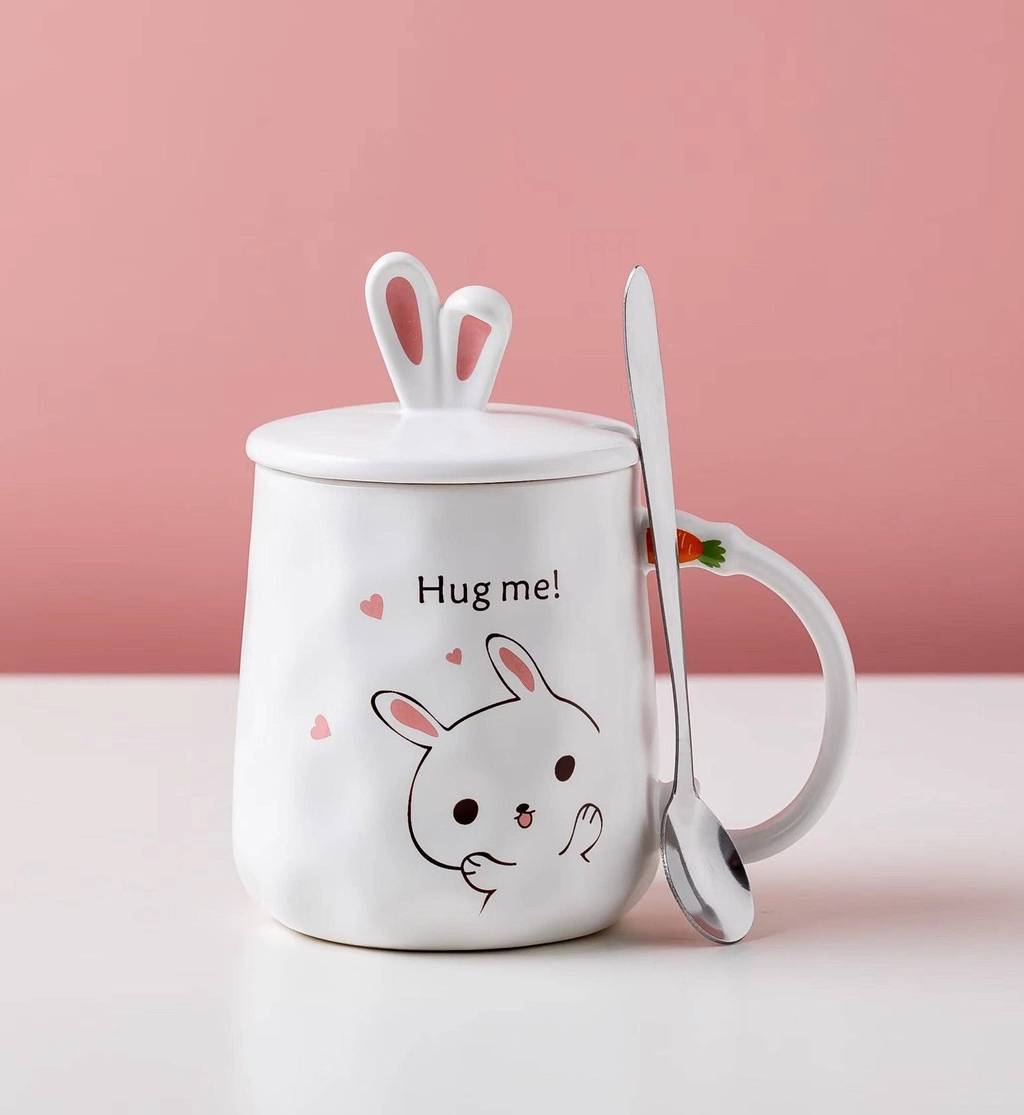 Bunny Hug White 14oz Mug With Lid and Spoon