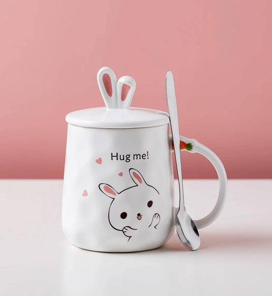 Bunny Hug White 14oz Mug With Lid and Spoon