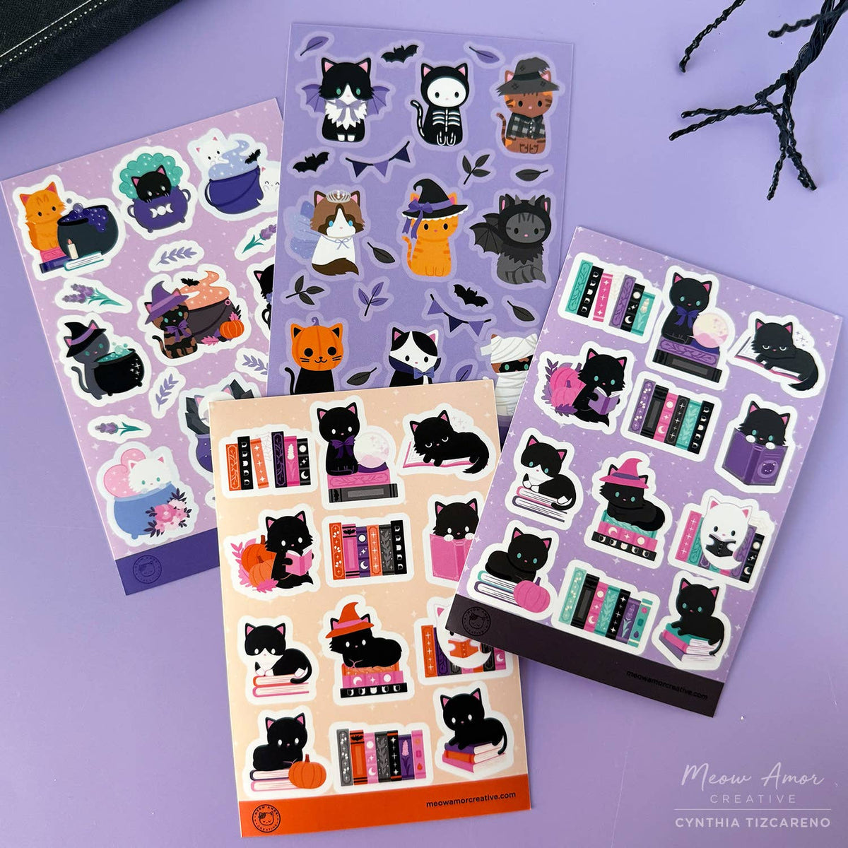 Witchy Book Cat -Purple Vinyl Sticker Sheet