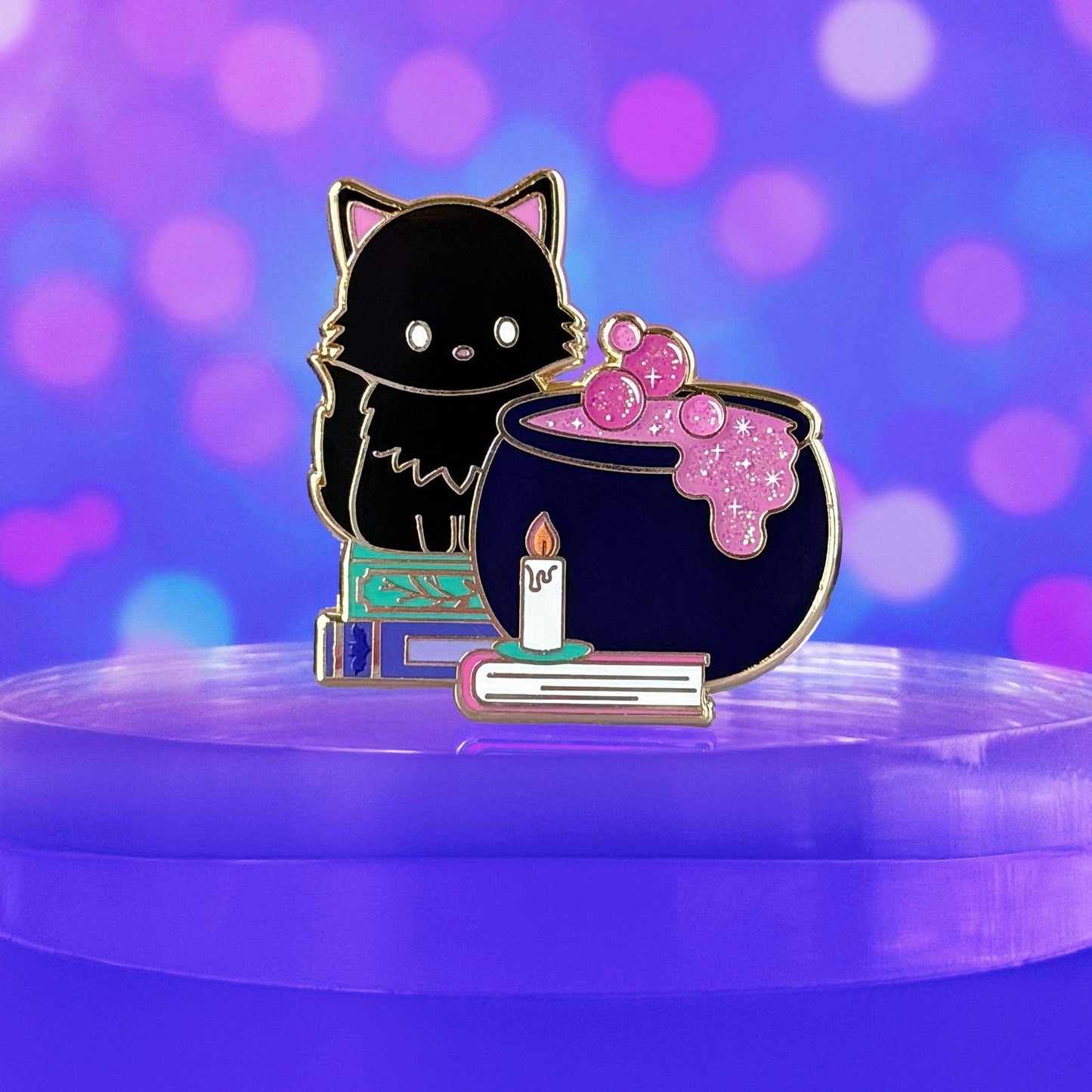 Black Cat Cauldron Glitter Enamel Pin