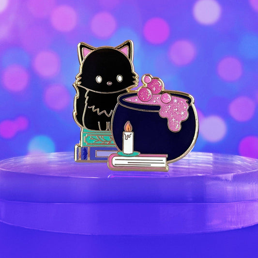 Black Cat Cauldron Glitter Enamel Pin