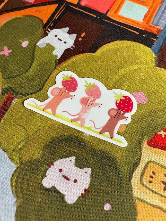 Strawberry Foragers Mice Matte Weatherproof Sticker