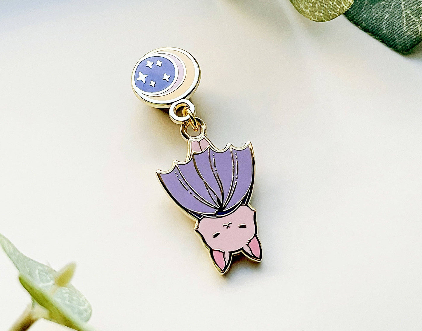 Moon Hanging Baby Bat Enamel Pin