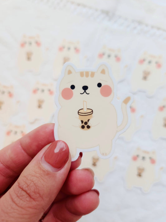 Cat Drinking Boba Die Cut Sticker