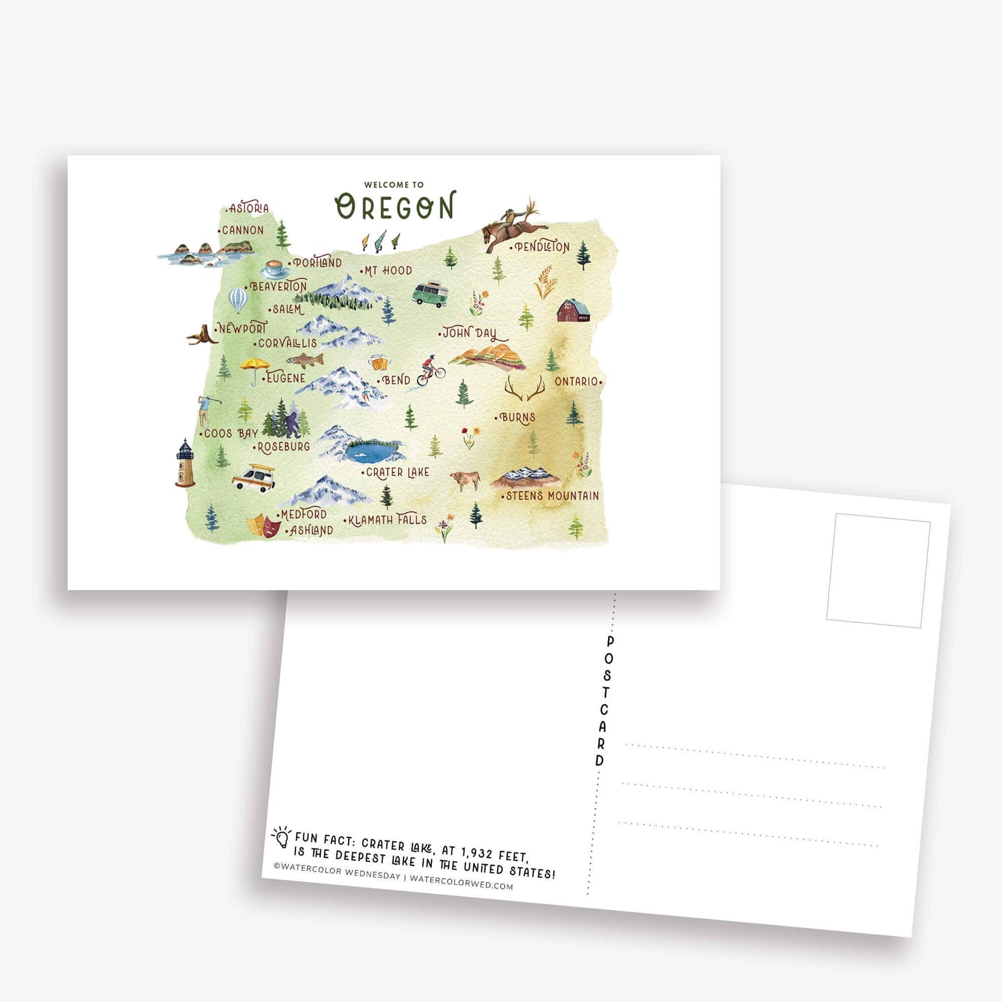 Oregon Watercolor Illustrated Map Postcard