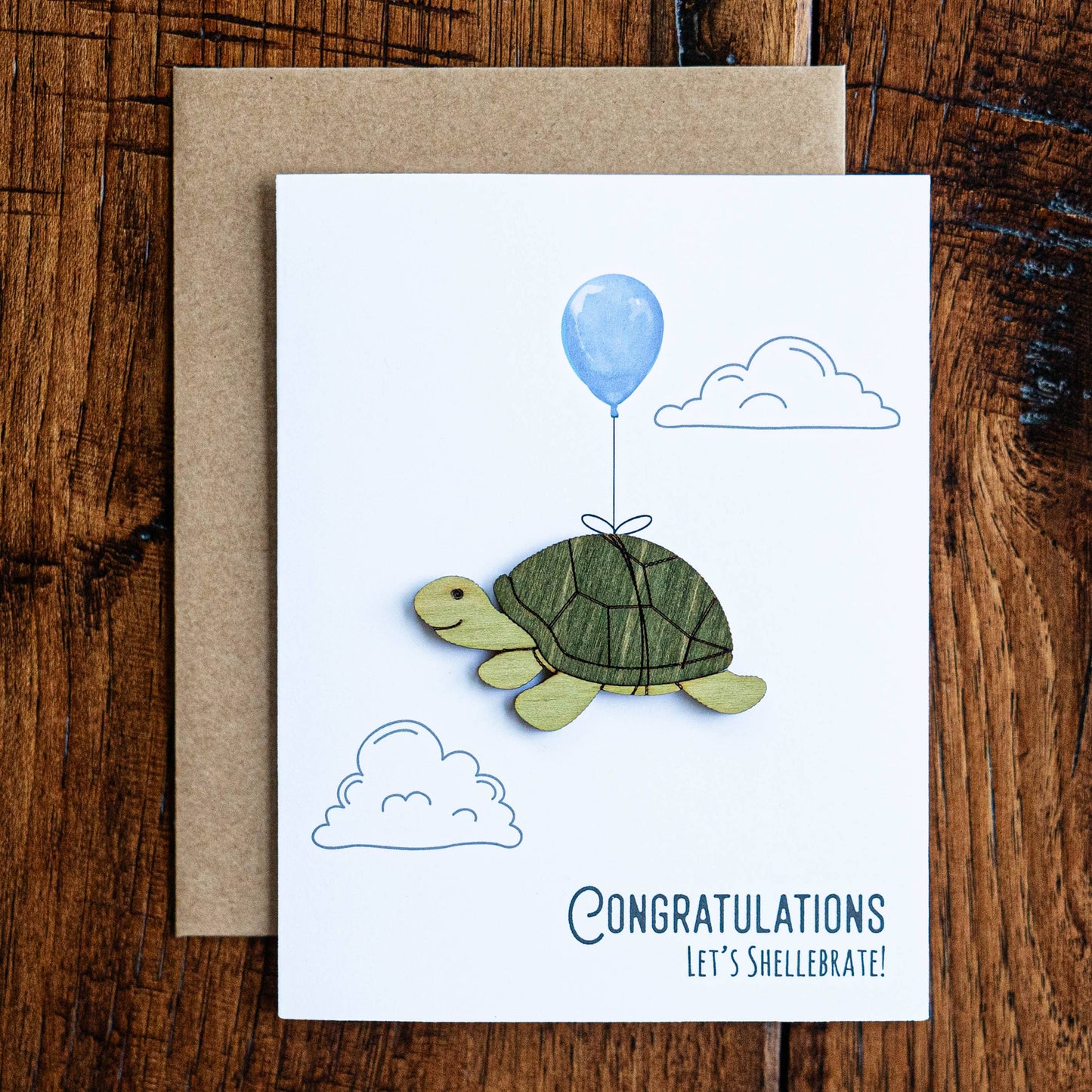 Congratulations Card Let's Shellebrate Turtle card with wood