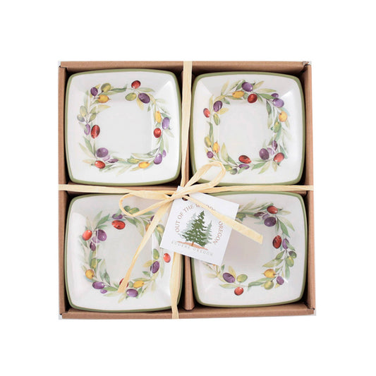Set of 4 Small Square Bowls - Olive Wreath