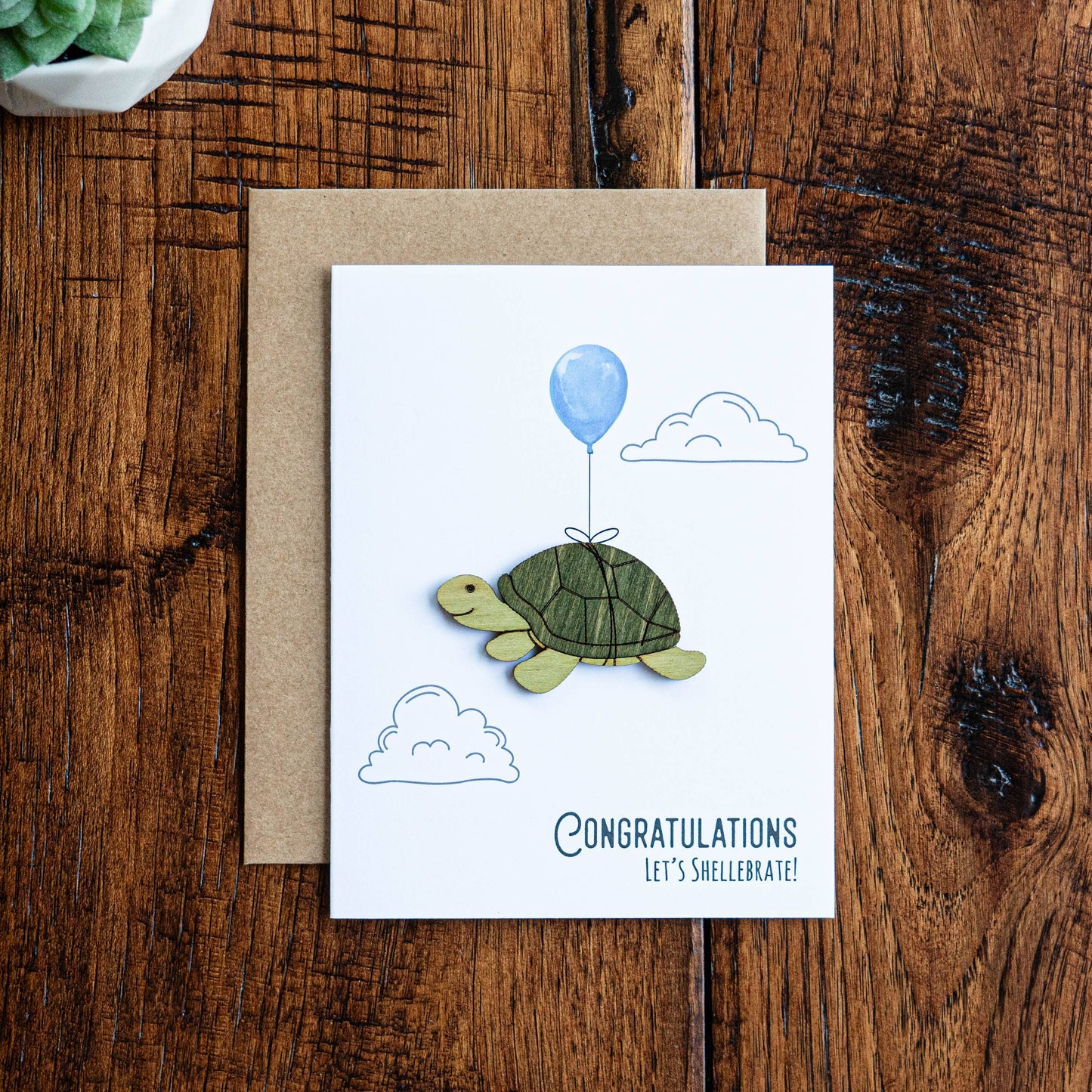 Congratulations Card Let's Shellebrate Turtle card with wood