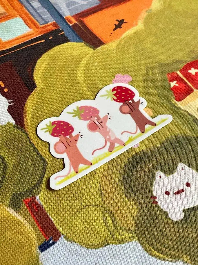 Strawberry Foragers Mice Matte Weatherproof Sticker