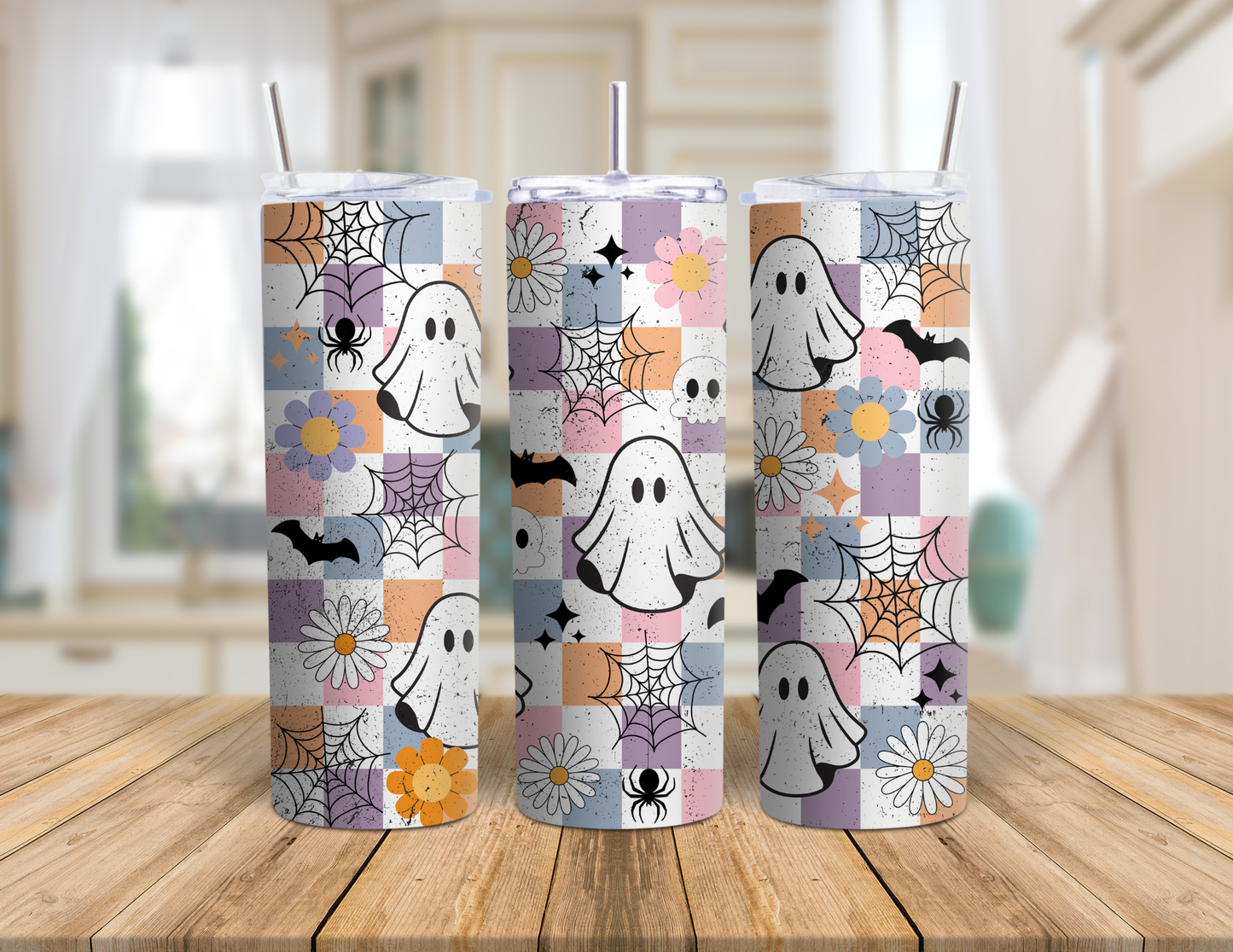 Cute Ghost Bats Retro Checkered Halloween 20 oz Tumbler