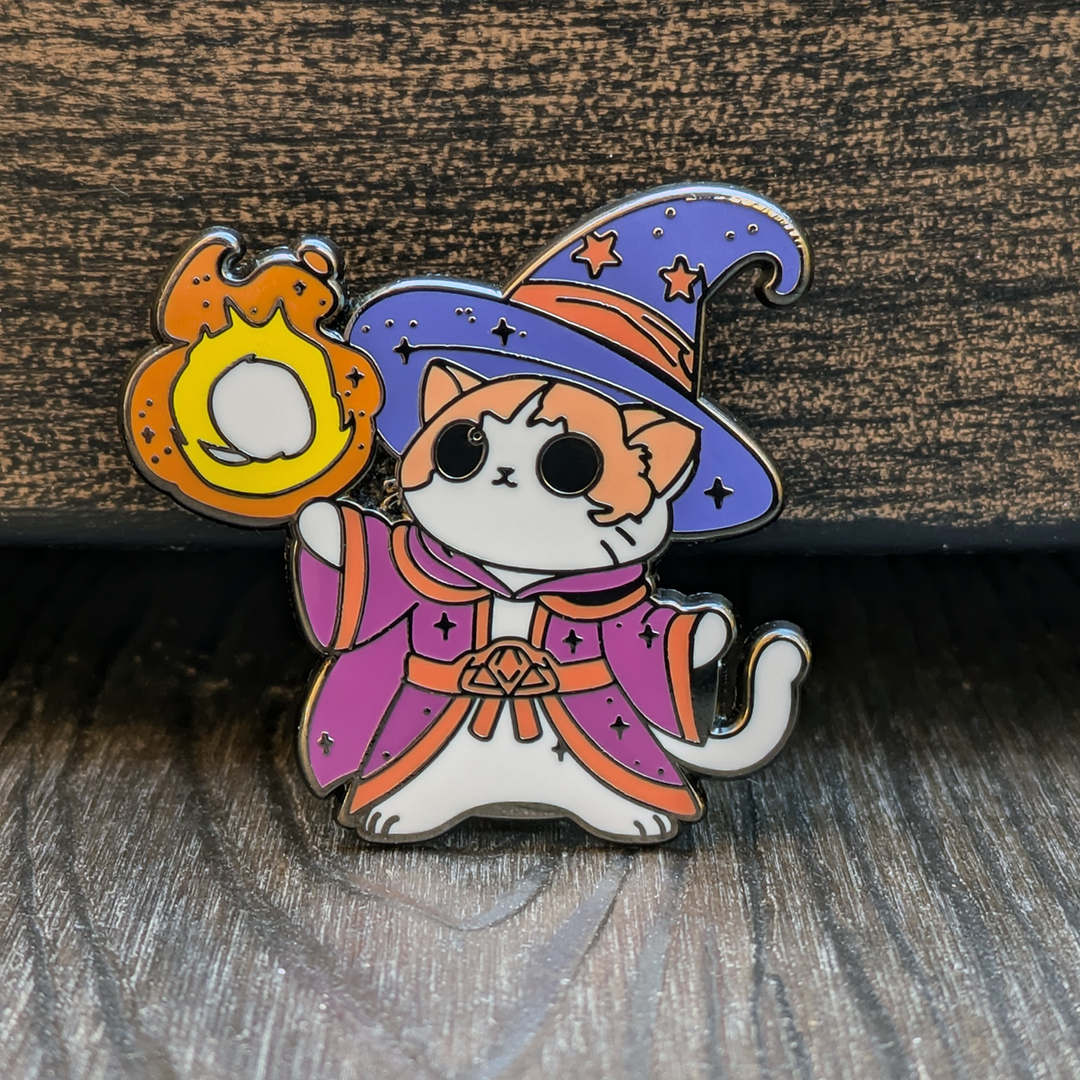 Wizard Cat Casting Fireball Hard Enamel Pin