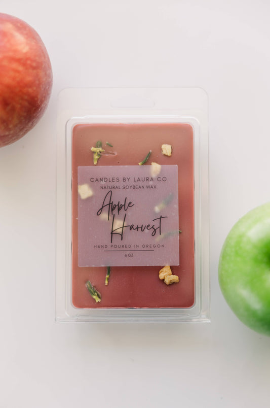 Image of the Apple Harvest wax melt, a red wax decorated with dried spices.