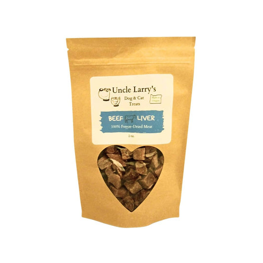 A brown bag of dog treats, with a clear, heart-shaped window in the bag making the treats visible. The label on the bag says “Uncle Larry’s Dog & Cat Treats - Beef Liver”.