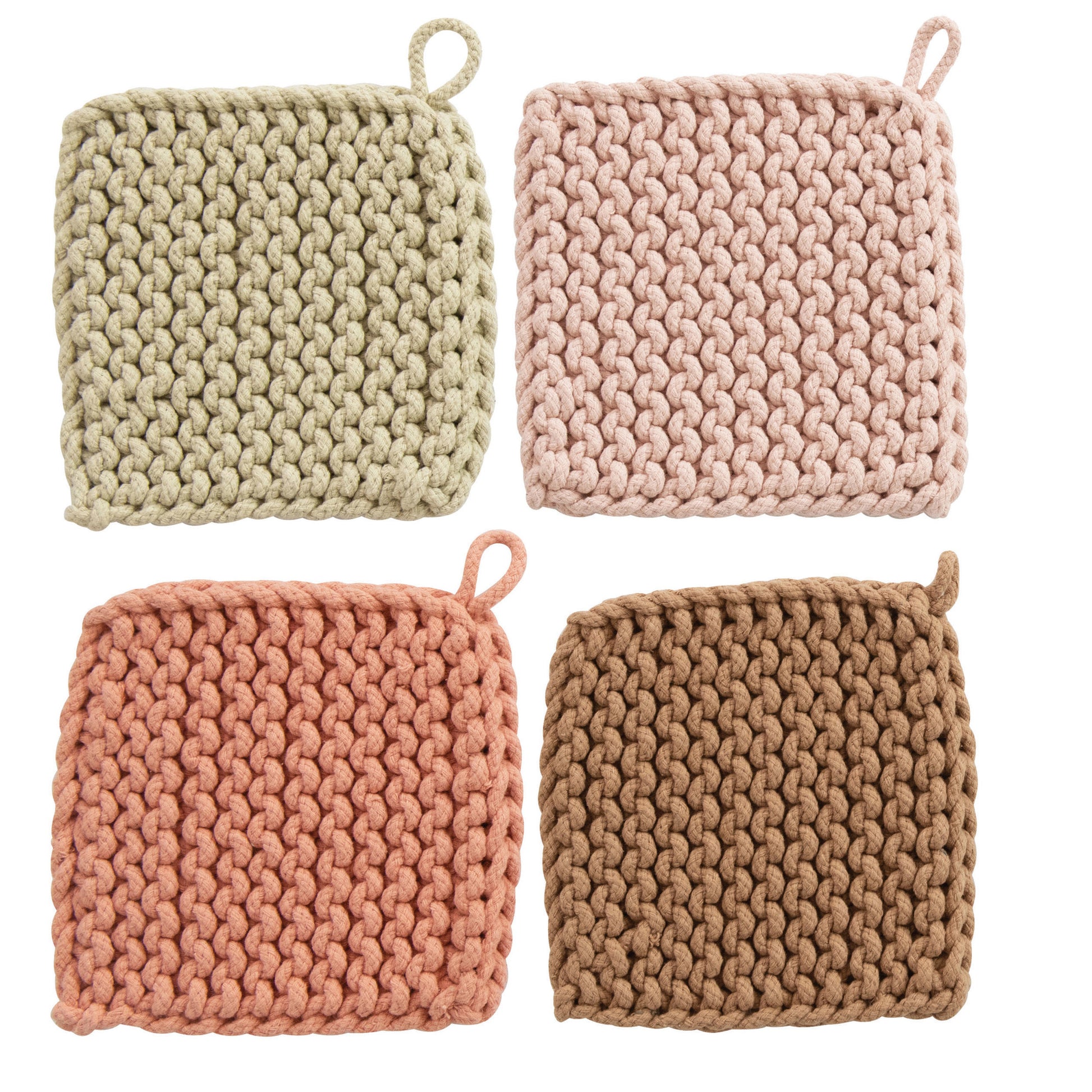 Four crocheted pot holders. Top left is green, top right is light pink, bottom left is dark pink, and bottom right is beige.