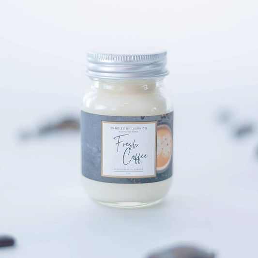 Image of the Fresh Coffee candle, an off-white candle in a miniature mason jar.