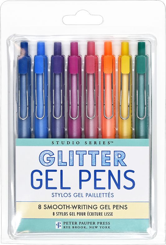 Eight glitter gel pens, lined up side-by-side in a plastic case. From left to right, they are colored navy blue, light blue, purple, magenta, red, orange, yellow, and green.