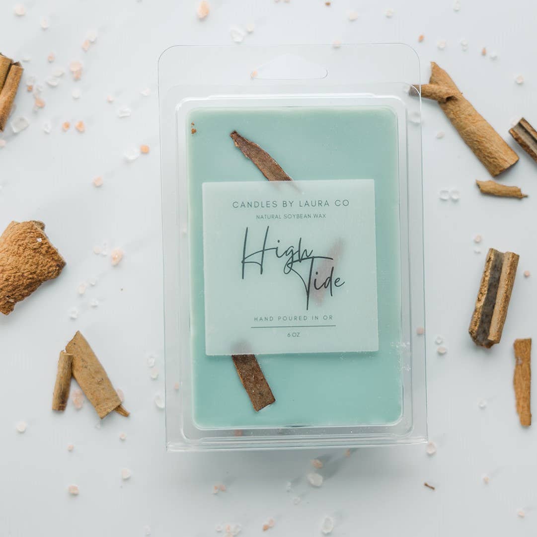 Image of the High Tide wax melt, a light blue wax with piece of cinnamon stick suspended in it.