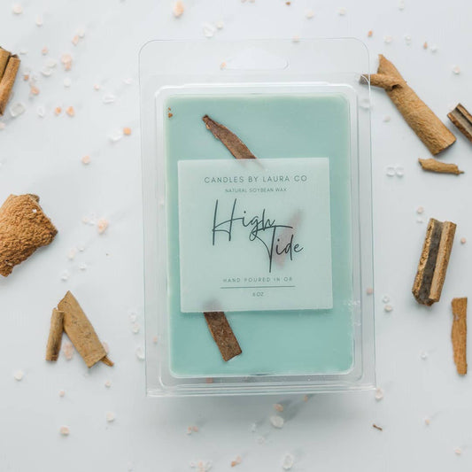 Image of the High Tide wax melt, a light blue wax with piece of cinnamon stick suspended in it.