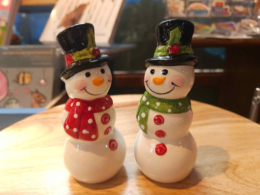 Ceramic Winter Whimsy Snowman Salt and Pepper Shakers