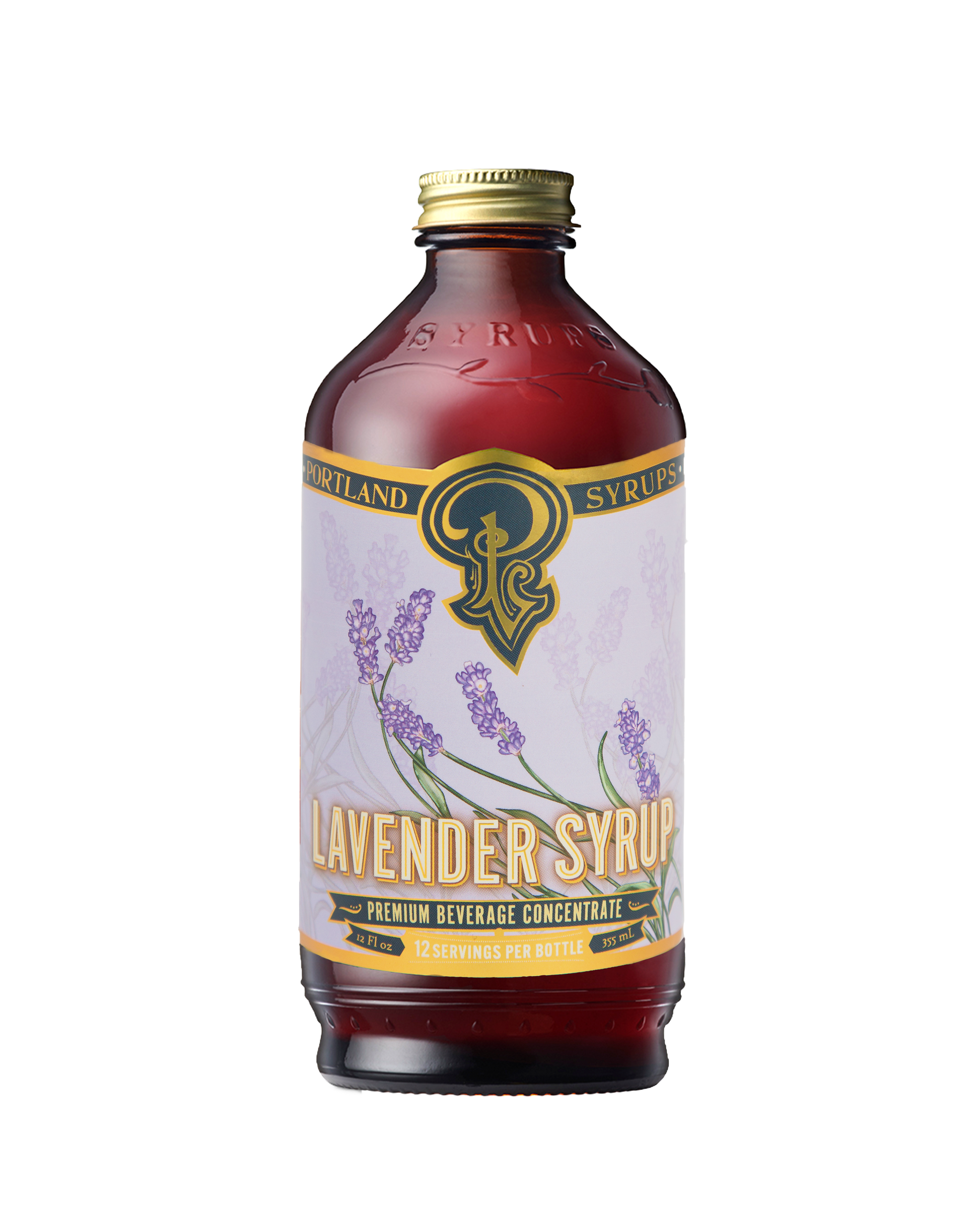 A dark glass bottle labeled “Portland Syrups - Lavender Syrup - Premium Beverage Concentrate”.