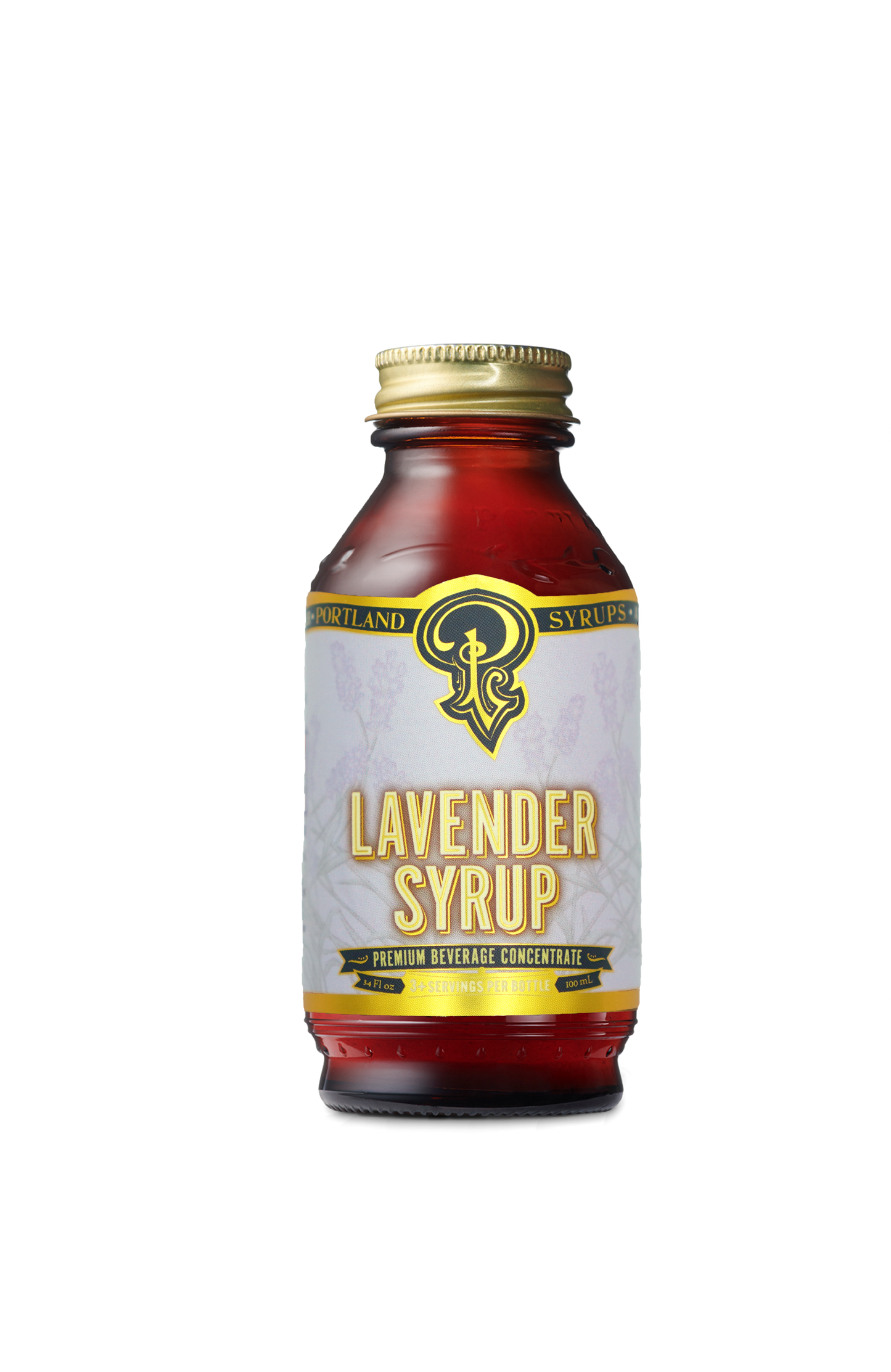 A small, dark, glass bottle, labeled “Portland Syrups - Lavender Syrup - Premium Beverage Concentrate”