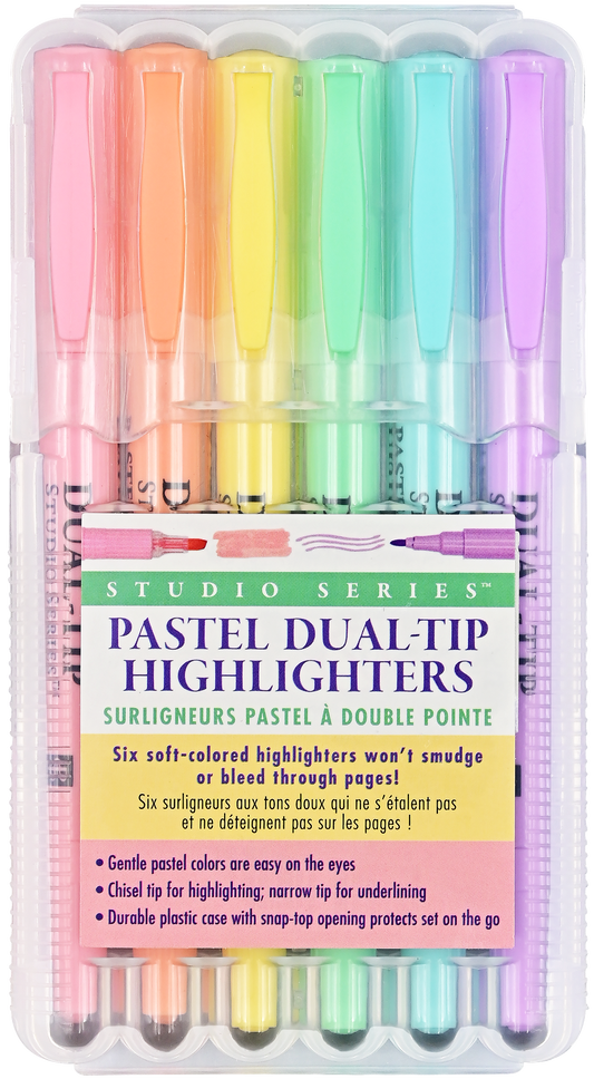 Six pastel highlighter pens in a plastic case. From left to right, they’re colored pink, orange, yellow, mint, blue, and purple.
