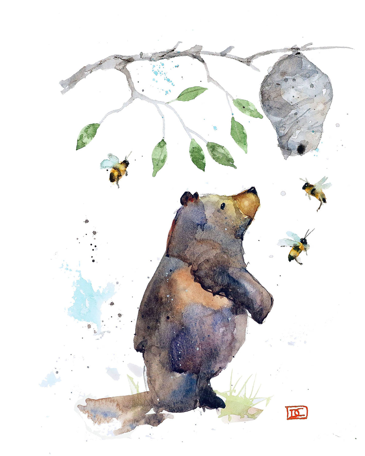 A watercolor illustration of a small bear standing under a branch, looking up at a beehive. Three bees hover nearby.