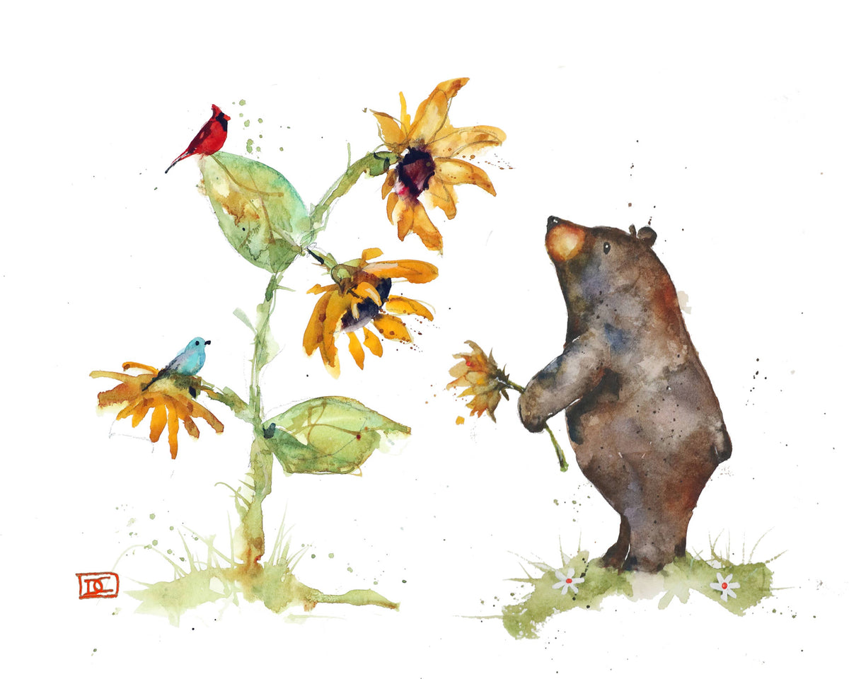 A watercolor illustration of a young bear looking up at a tall stalk with three yellow flowers. The bear is holding a smaller, plucked flower, which looks similar to the ones on the stalk.