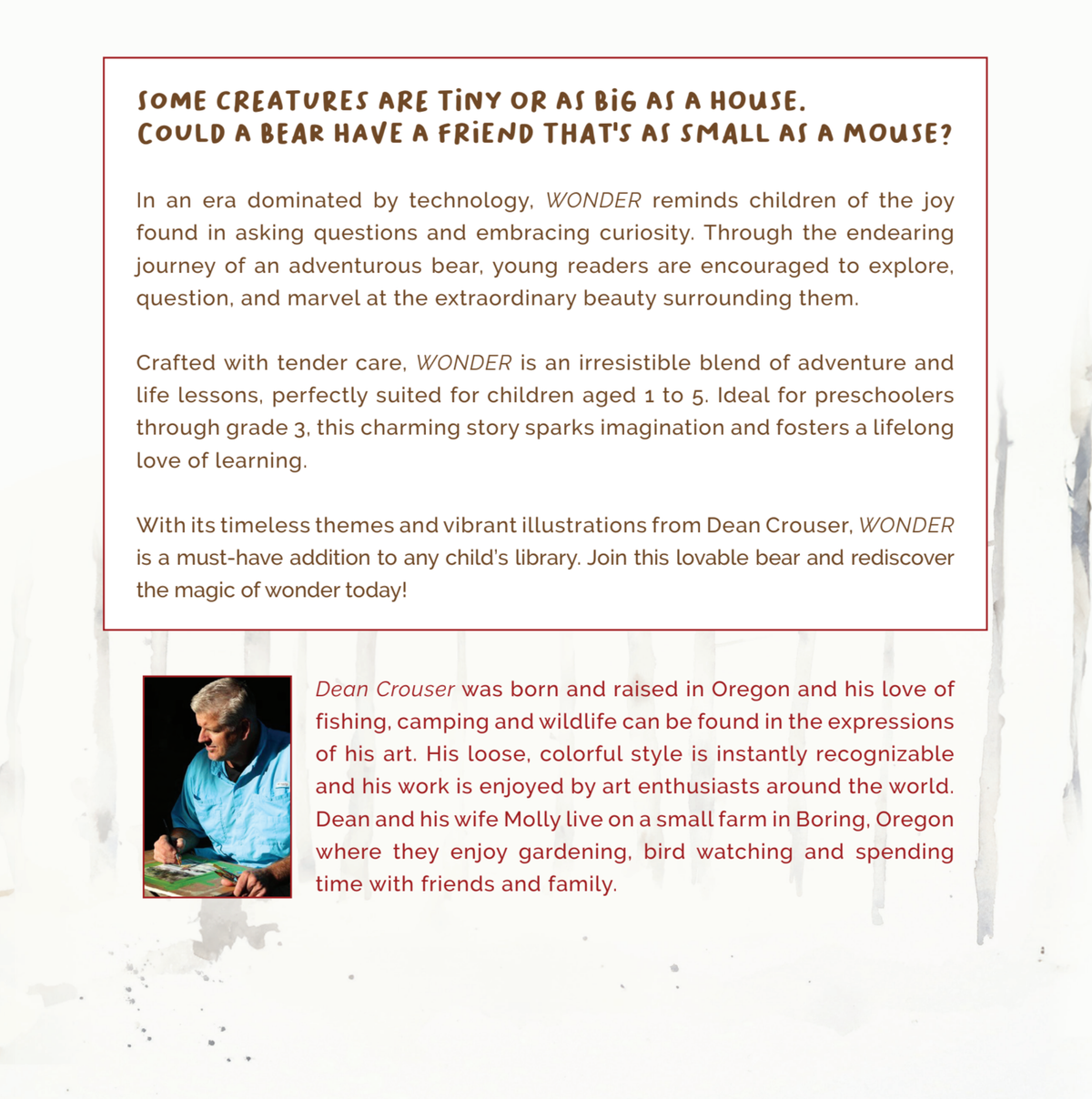 The back cover of WONDER: A Bear’s Journey. There are no illustrations, only the synopsis and author bio.