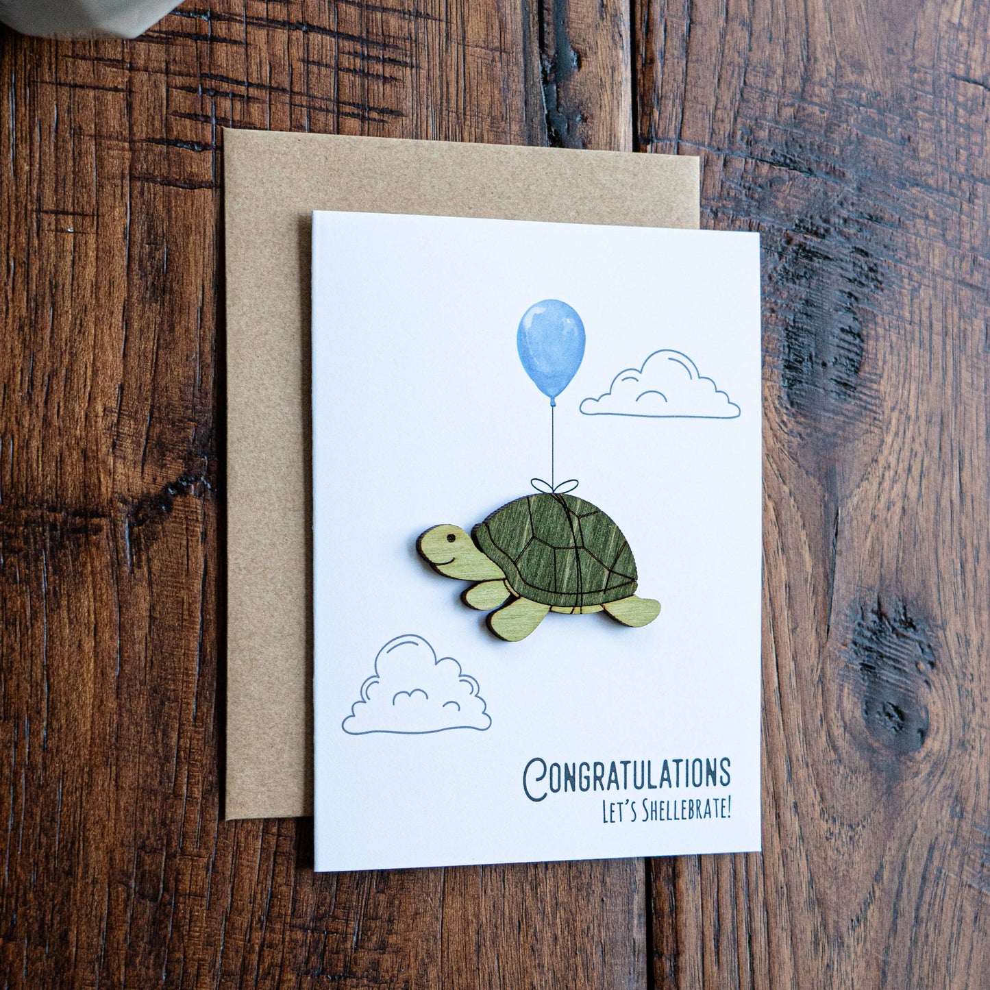 Congratulations Card Let's Shellebrate Turtle card with wood