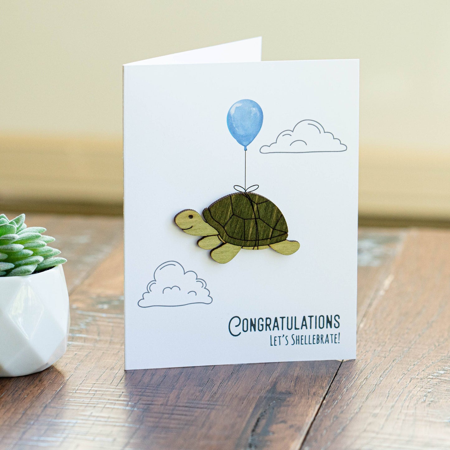 Congratulations Card Let's Shellebrate Turtle card with wood