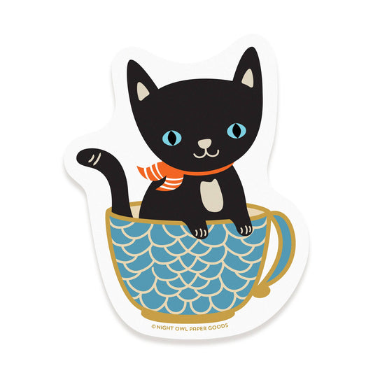 Cuppa Cat Black Vinyl Sticker - Coffee Cup Kitty