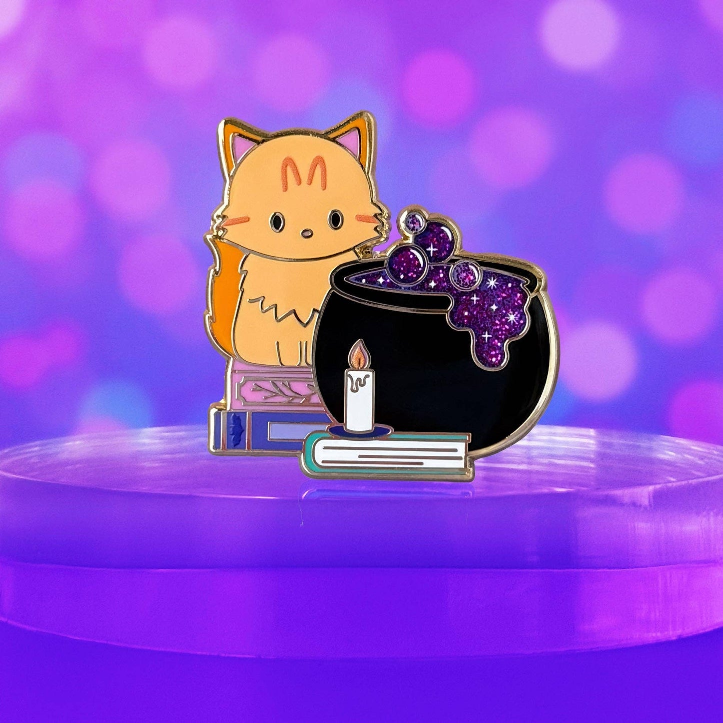 Orange Tabby Cat Cauldron Glitter Enamel Pin